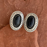 Tommy Jackson Traditional Navajo Shadowbox Sterling Silver and Onyx Clip Earrings (MC9)