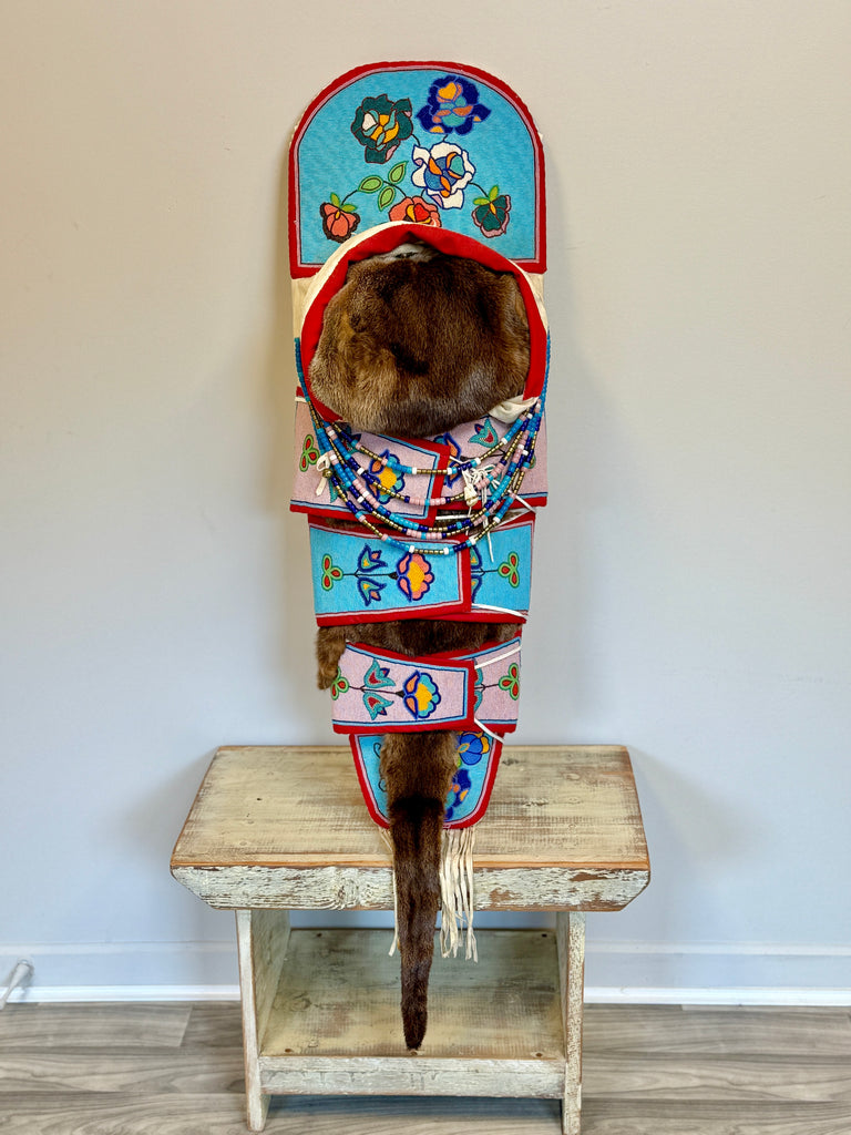 Magdeline Stewart Crow full size Traditionally Beaded Replica Cradleboard with Otter Pelt (GM682)