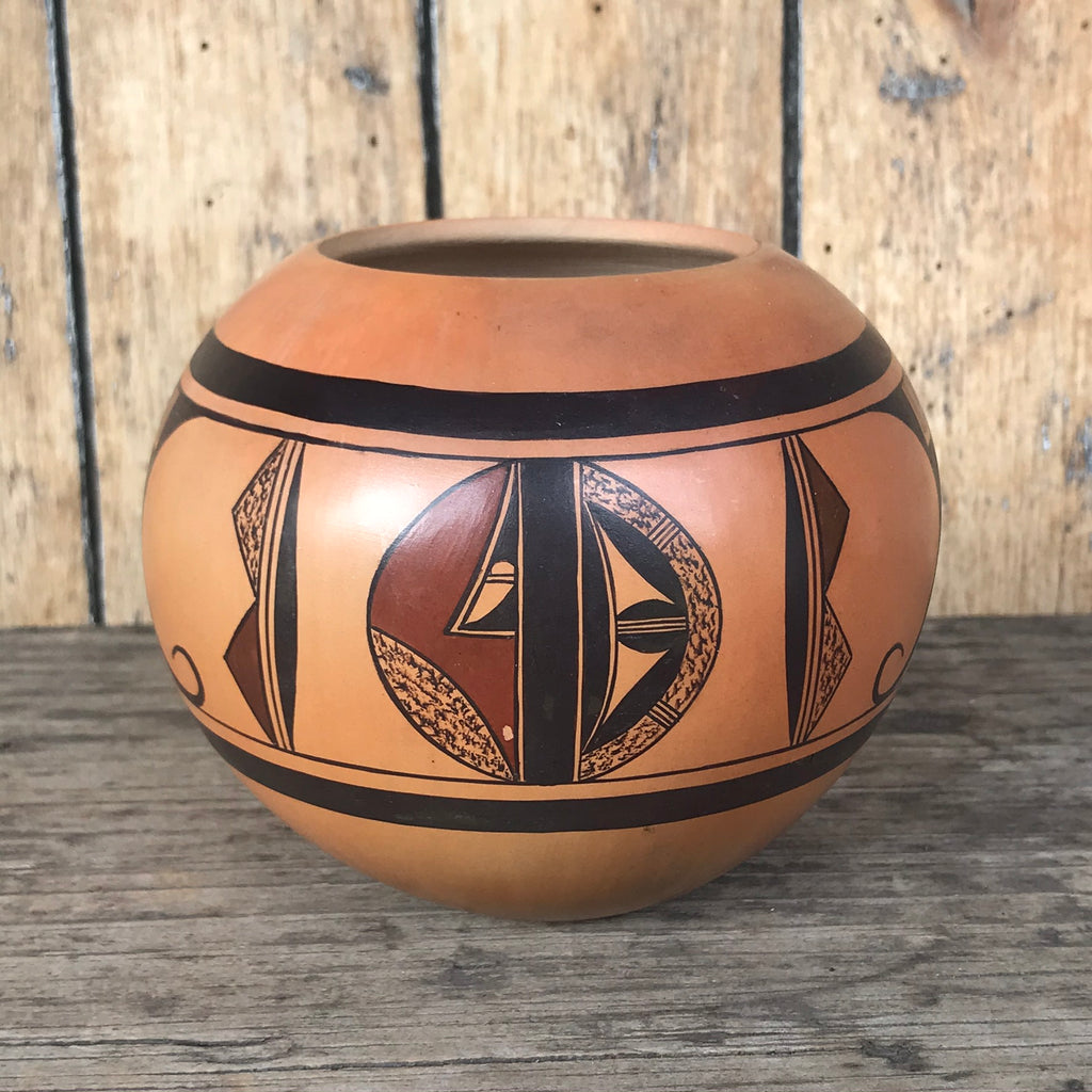 Steve Lucas, Hopi handmade and traditionally fired bowl with parrot tail design.  (RS174)