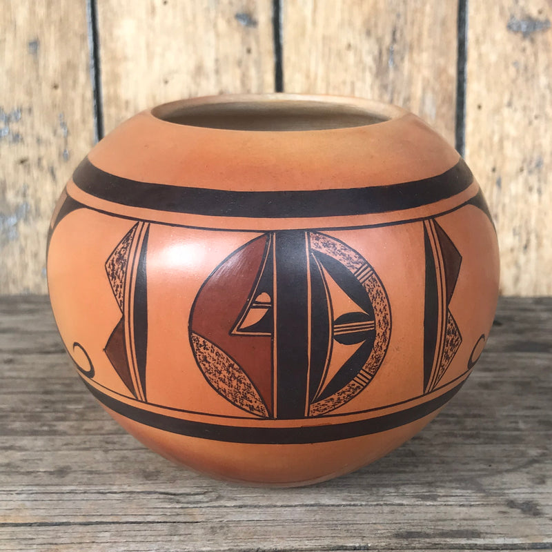 Steve Lucas, Hopi handmade and traditionally fired bowl with parrot tail design.  (RS174)