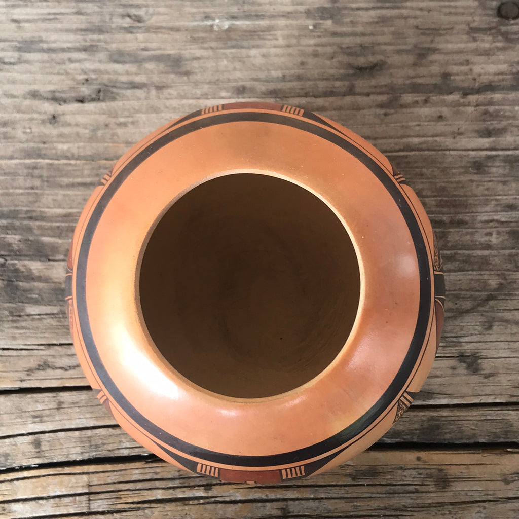 Steve Lucas, Hopi handmade and traditionally fired bowl with parrot tail design.  (RS174)