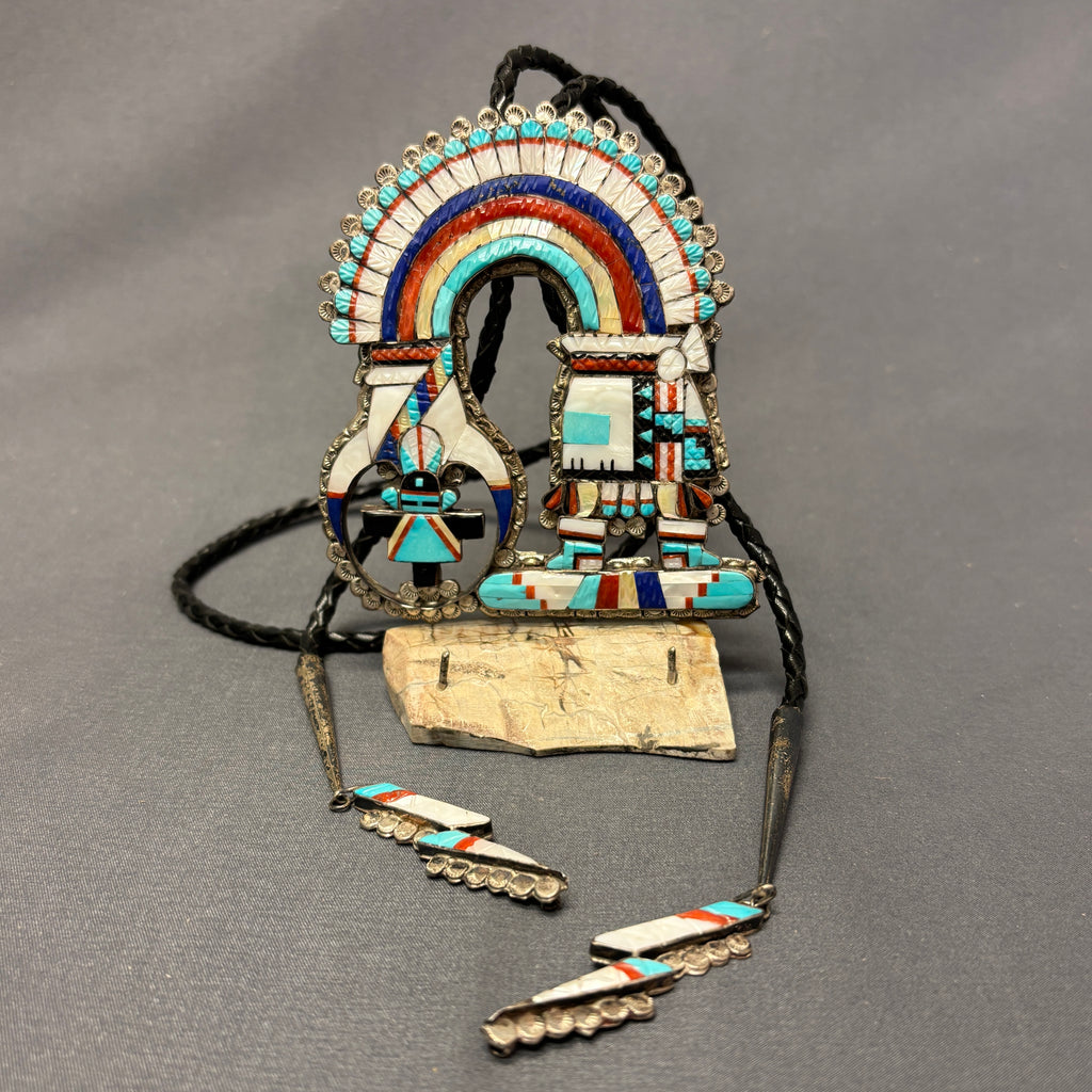 Eldred Martinez Zuni Inlay Rainbow Kachina Bolo Tie with Matching Fancy Tips and Display Stand, vintage Native American   (JF288)