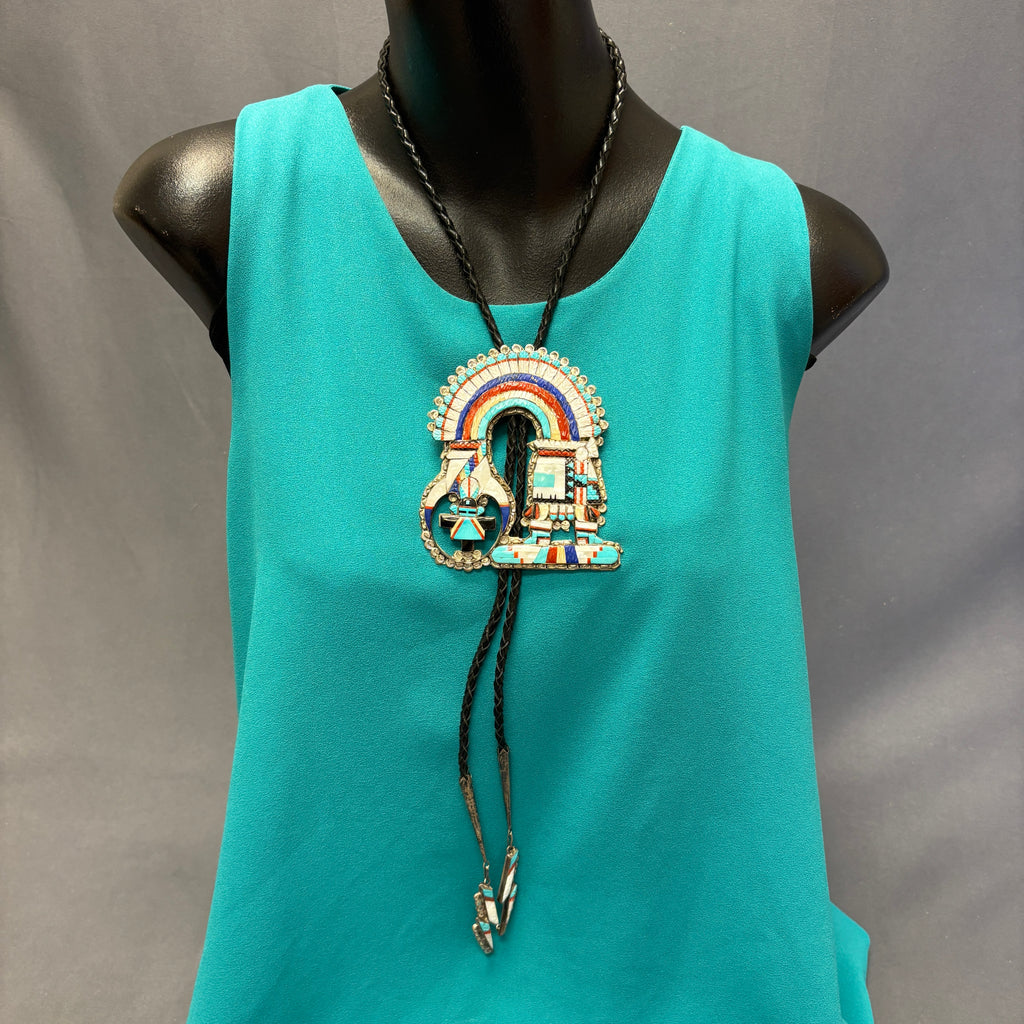 Eldred Martinez Zuni Inlay Rainbow Kachina Bolo Tie with Matching Fancy Tips and Display Stand, vintage Native American   (JF288)