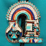 Eldred Martinez Zuni Inlay Rainbow Kachina Bolo Tie with Matching Fancy Tips and Display Stand, vintage Native American   (JF288)