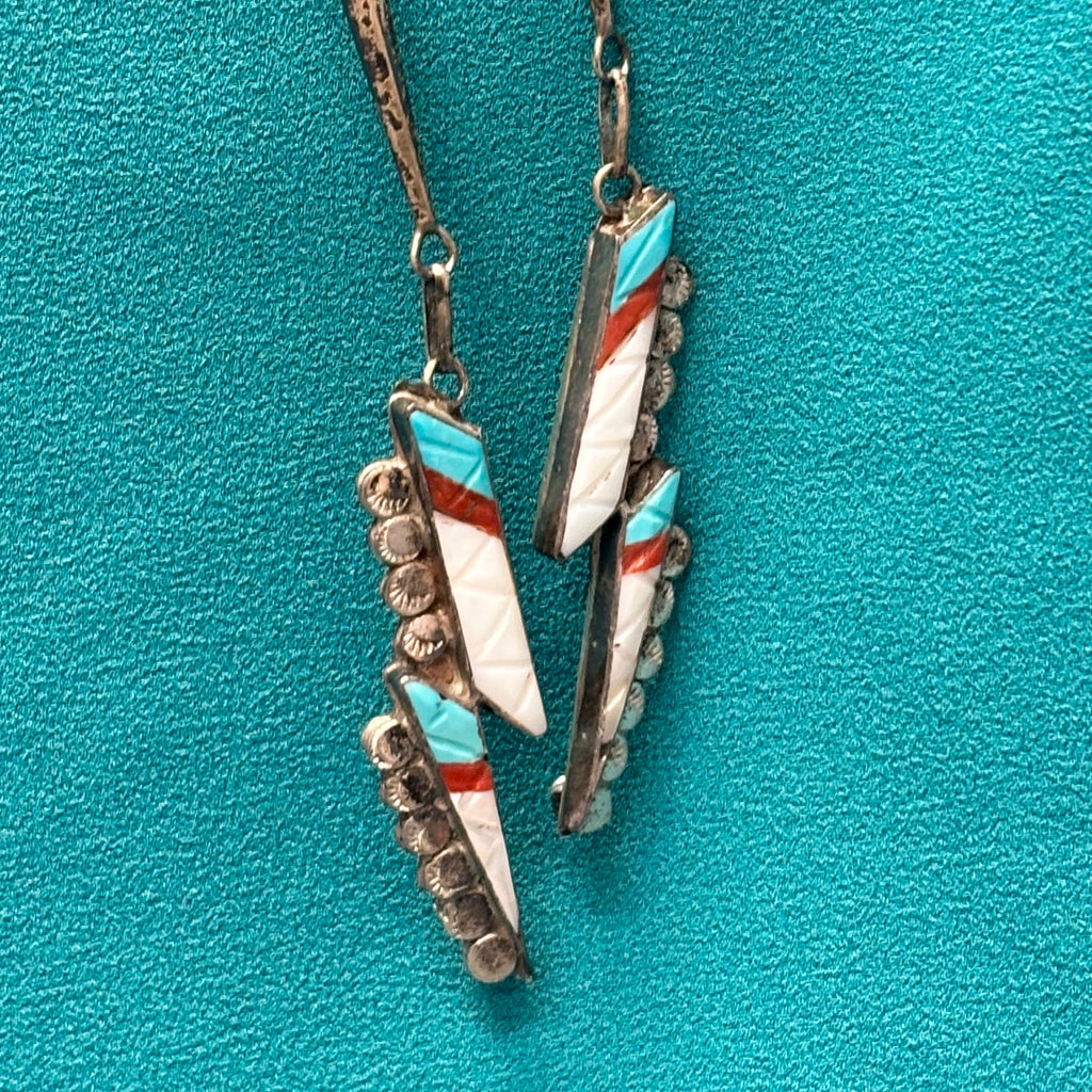 Eldred Martinez Zuni Inlay Rainbow Kachina Bolo Tie with Matching Fancy Tips and Display Stand, vintage Native American   (JF288)