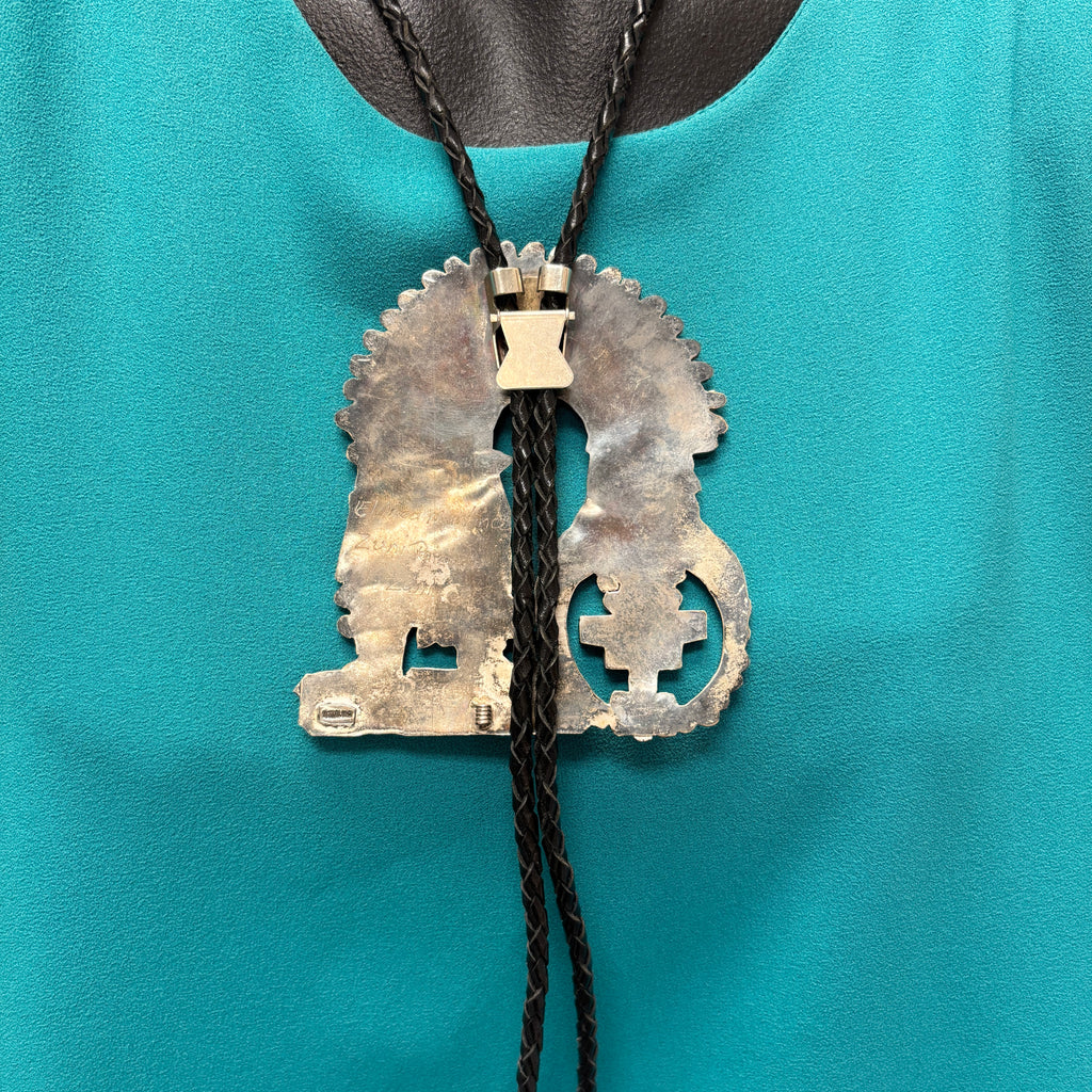 Eldred Martinez Zuni Inlay Rainbow Kachina Bolo Tie with Matching Fancy Tips and Display Stand, vintage Native American   (JF288)