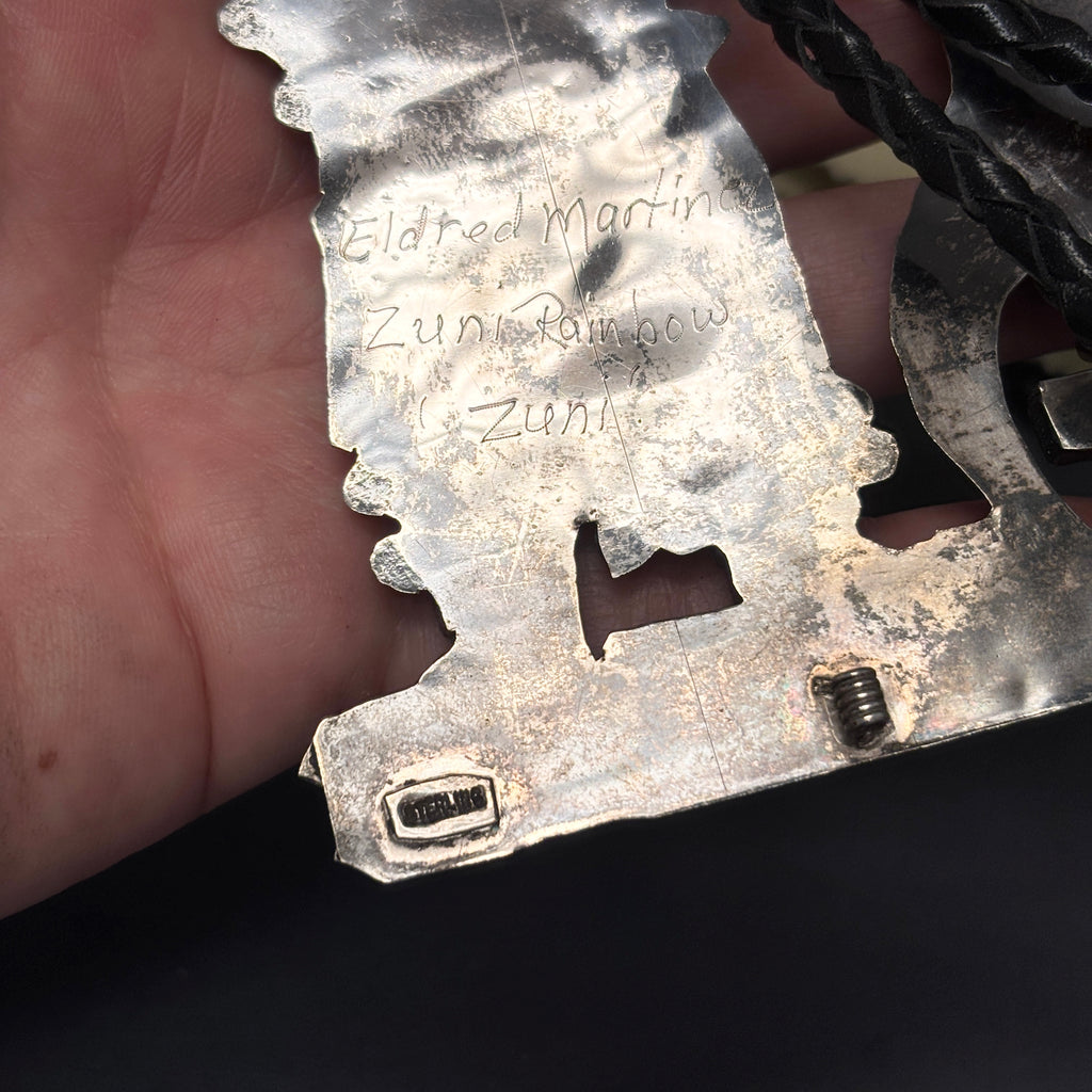 Eldred Martinez Zuni Inlay Rainbow Kachina Bolo Tie with Matching Fancy Tips and Display Stand, vintage Native American   (JF288)