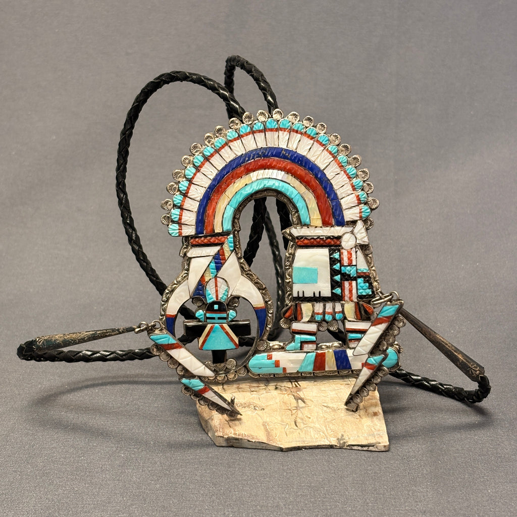 Eldred Martinez Zuni Inlay Rainbow Kachina Bolo Tie with Matching Fancy Tips and Display Stand, vintage Native American   (JF288)