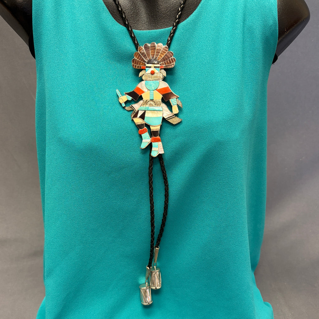 Eddie Beyuka Zuni Inlay Kachina Bolo Tie with Silver Drum Tips and Silver Display Stand, vintage Native American   (JF290)