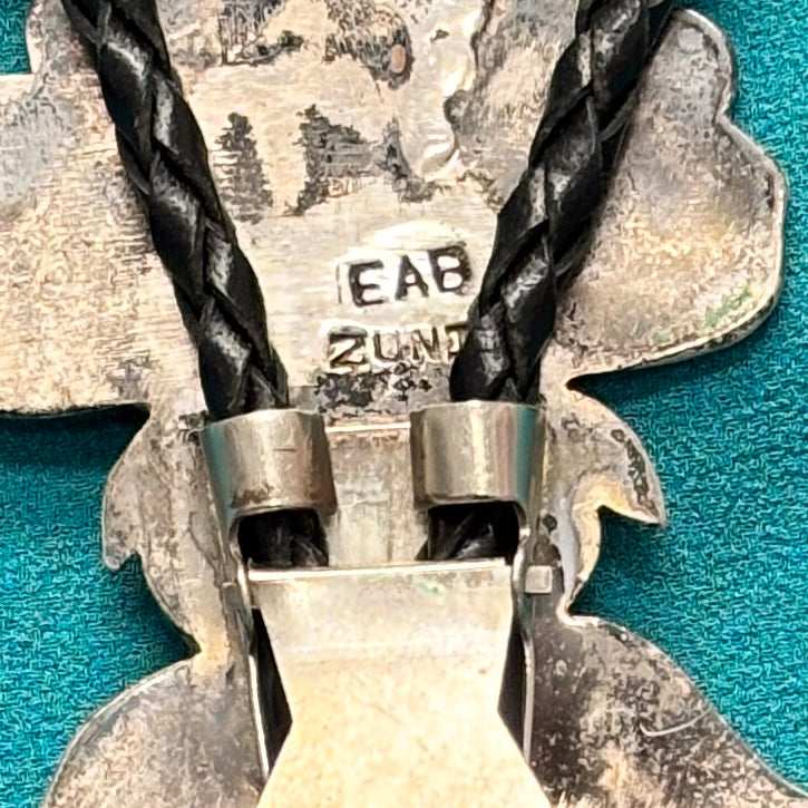 Eddie Beyuka Zuni Inlay Kachina Bolo Tie with Silver Drum Tips and Silver Display Stand, vintage Native American   (JF290)