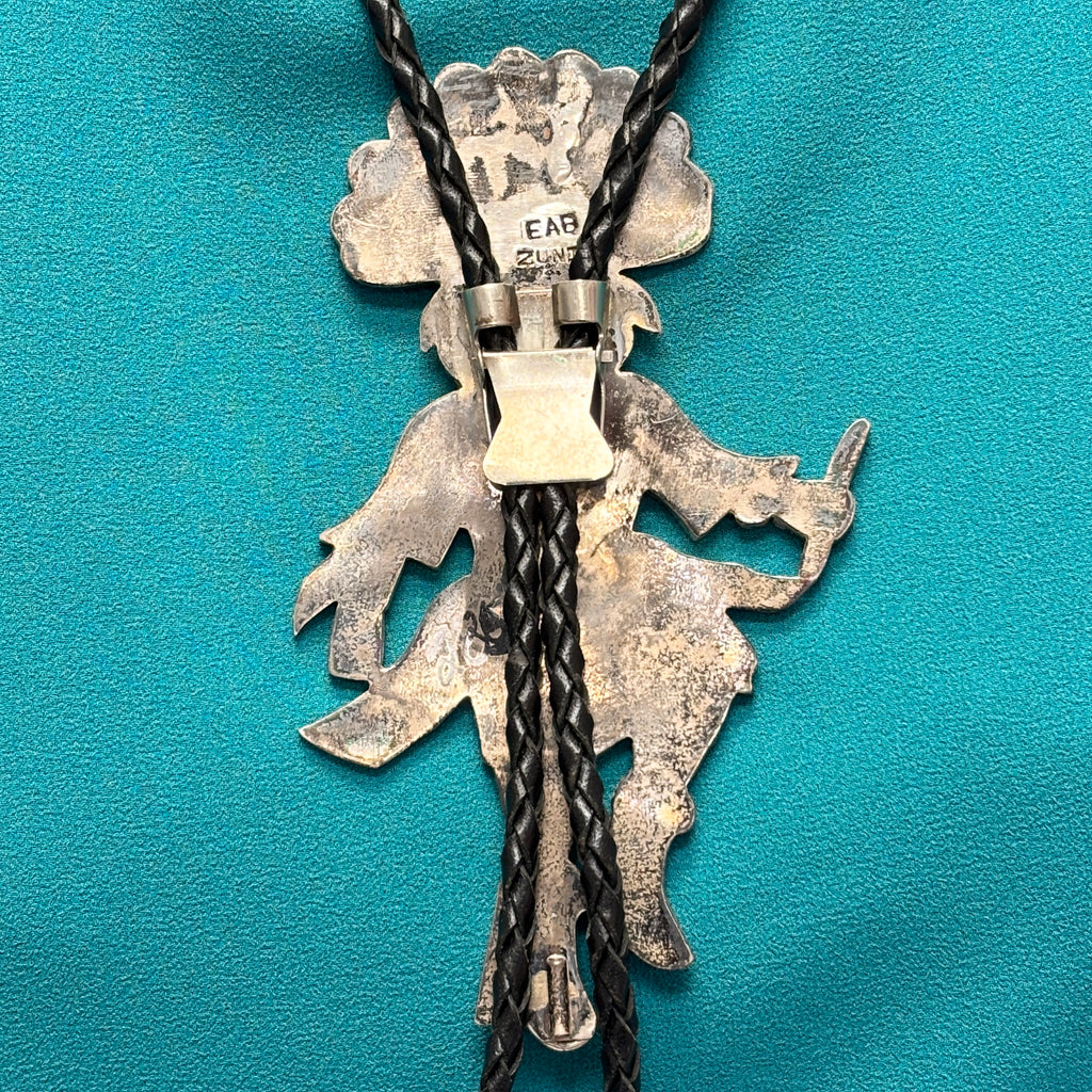 Eddie Beyuka Zuni Inlay Kachina Bolo Tie with Silver Drum Tips and Silver Display Stand, vintage Native American   (JF290)