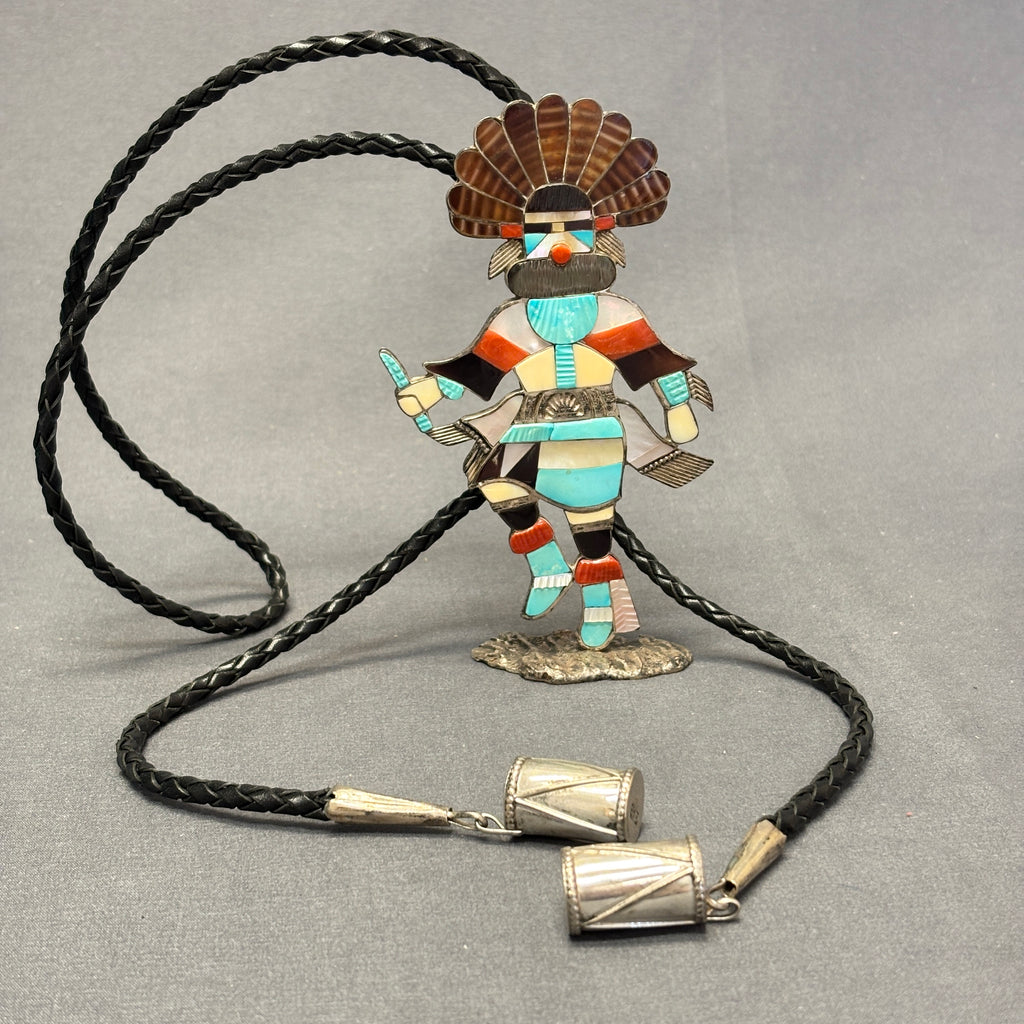 Eddie Beyuka Zuni Inlay Kachina Bolo Tie with Silver Drum Tips and Silver Display Stand, vintage Native American   (JF290)