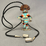 Eddie Beyuka Zuni Inlay Kachina Bolo Tie with Silver Drum Tips and Silver Display Stand, vintage Native American   (JF290)