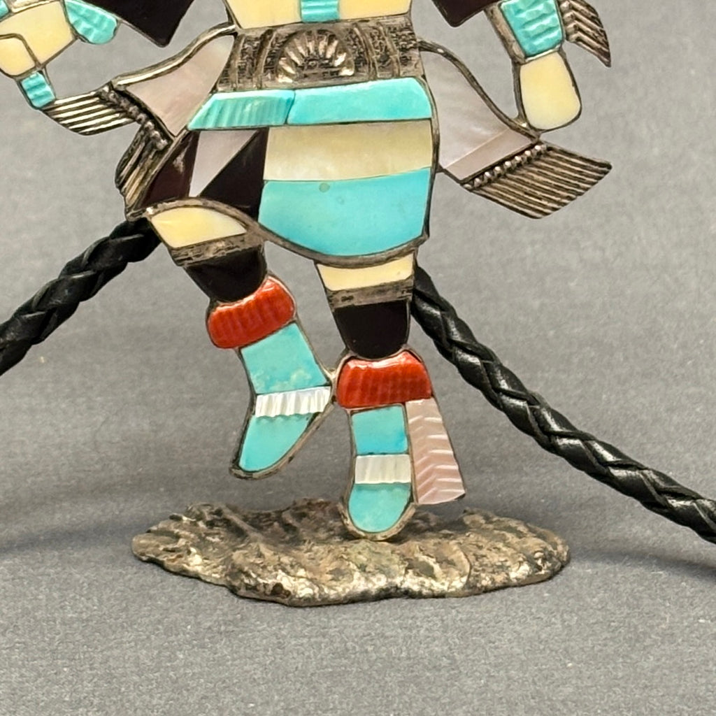 Eddie Beyuka Zuni Inlay Kachina Bolo Tie with Silver Drum Tips and Silver Display Stand, vintage Native American   (JF290)