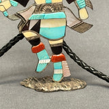 Eddie Beyuka Zuni Inlay Kachina Bolo Tie with Silver Drum Tips and Silver Display Stand, vintage Native American   (JF290)