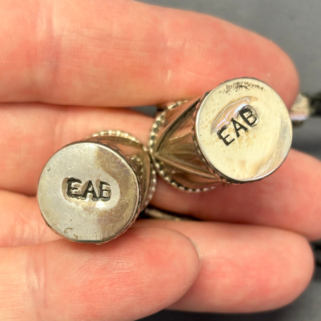 Eddie Beyuka Zuni Inlay Kachina Bolo Tie with Silver Drum Tips and Silver Display Stand, vintage Native American   (JF290)