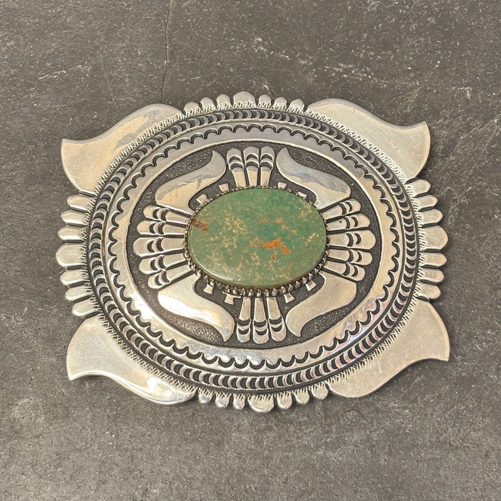 Tommy Singer Vintage Navajo Green Turquoise and Sterling Silver Belt Buckle, authentic Native American   (JF137)