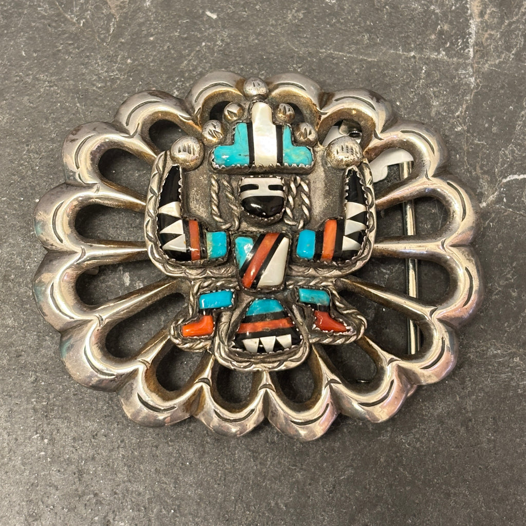 Vintage Navajo Inlay Scalloped Belt Buckle with Celebration Man Design - Sterling Silver, authentic Native American   (JF128)