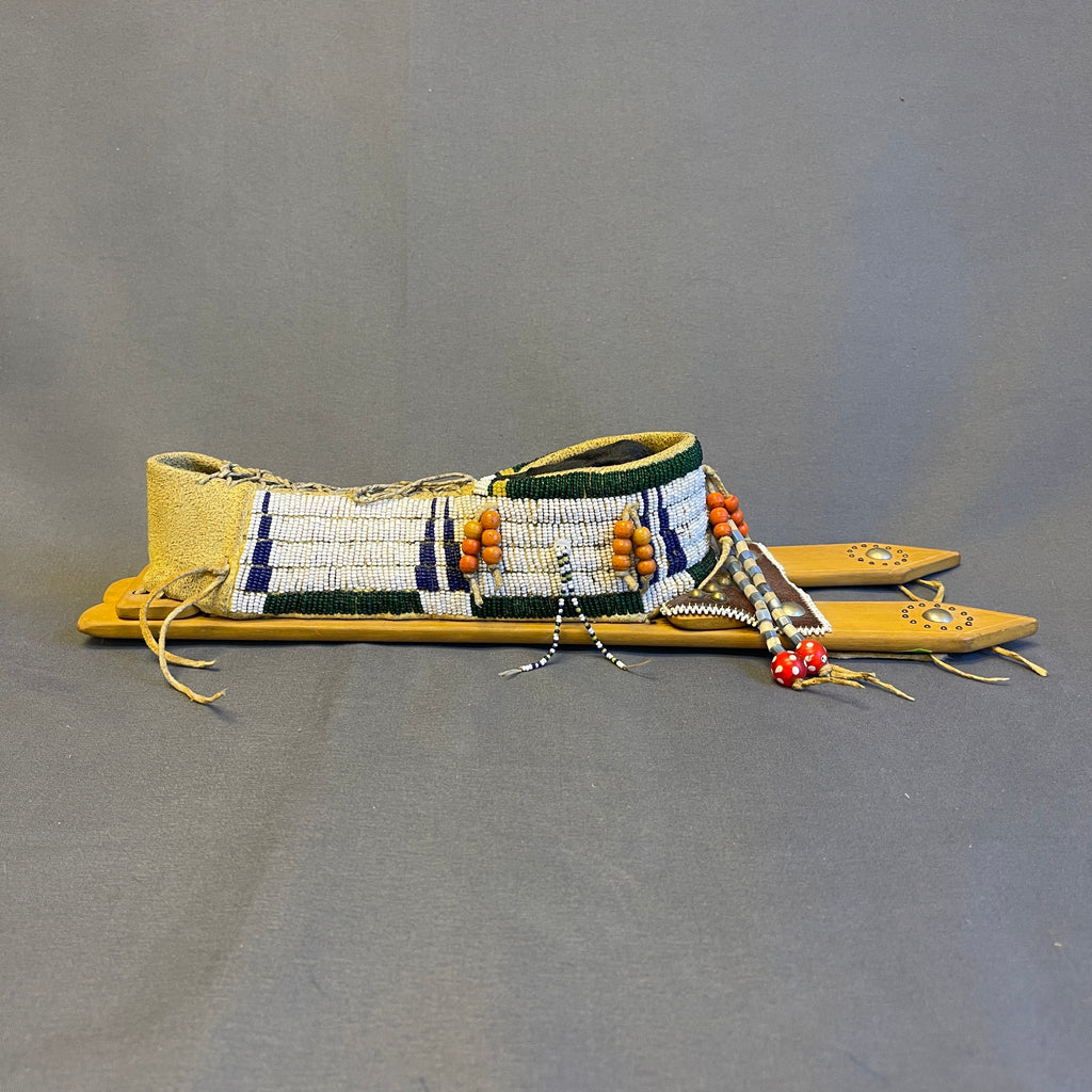 Lakota Miniature Vintage Beaded Cradleboard on Wooden backboard, Authentic Native American (GM25)