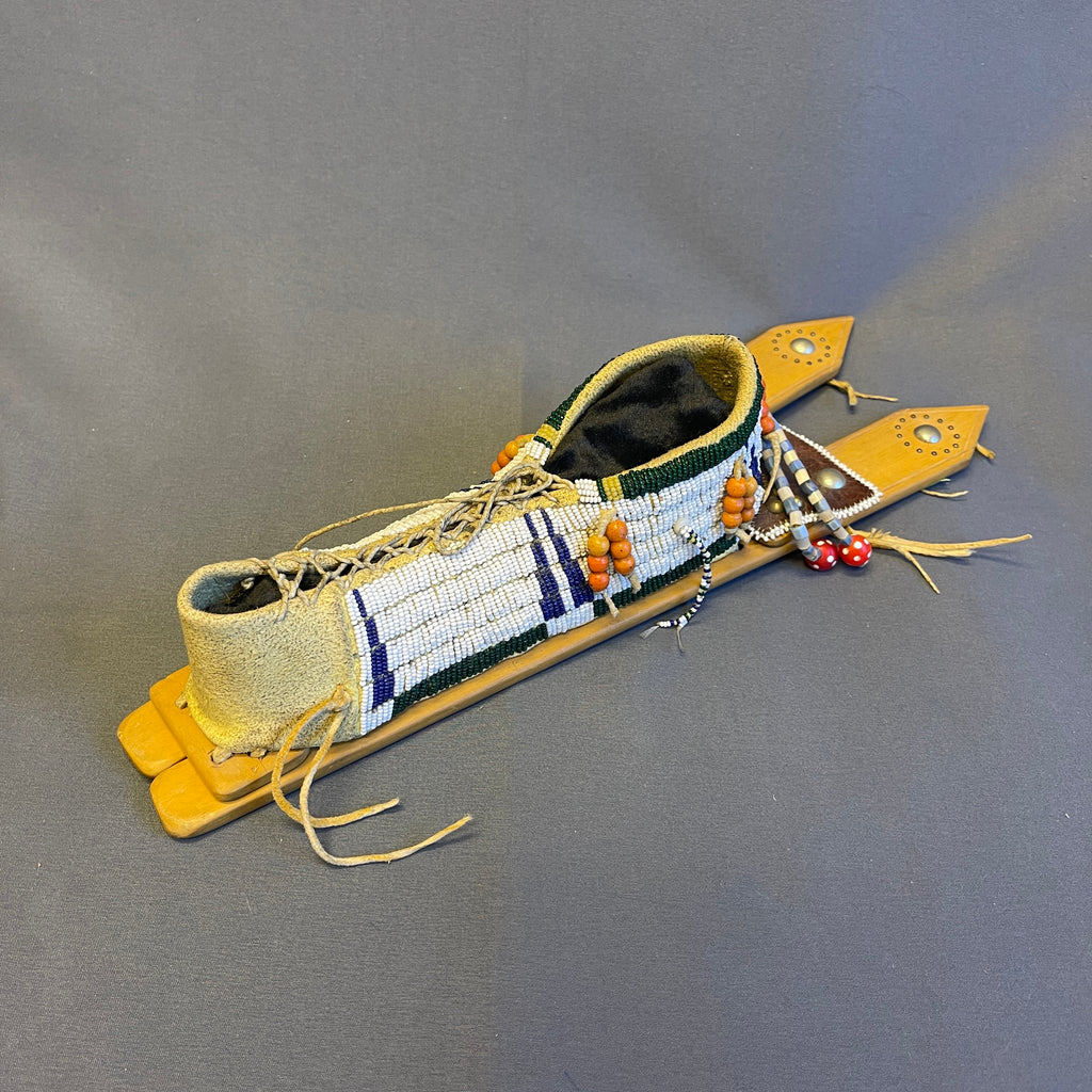 Lakota Miniature Vintage Beaded Cradleboard on Wooden backboard, Authentic Native American (GM25)