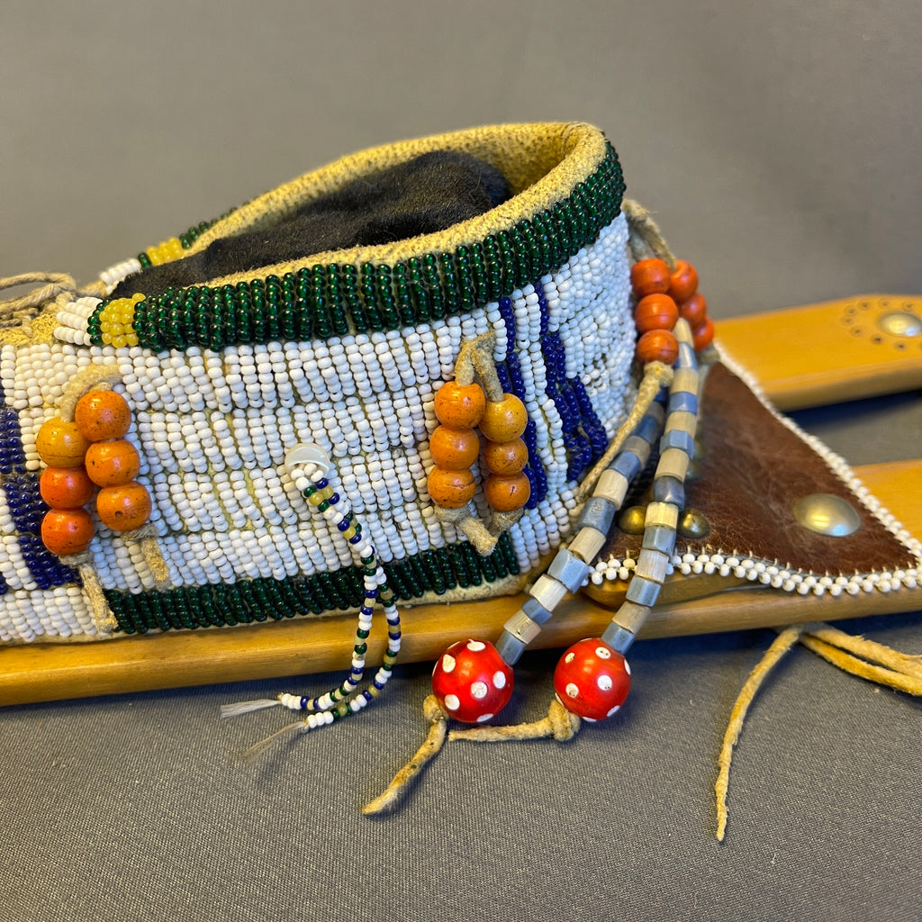 Lakota Miniature Vintage Beaded Cradleboard on Wooden backboard, Authentic Native American (GM25)