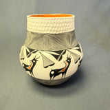 Louise Amos, Acoma pot with corrugated top and painted deer design, Louise Amos pot ca. 1990s (GM)