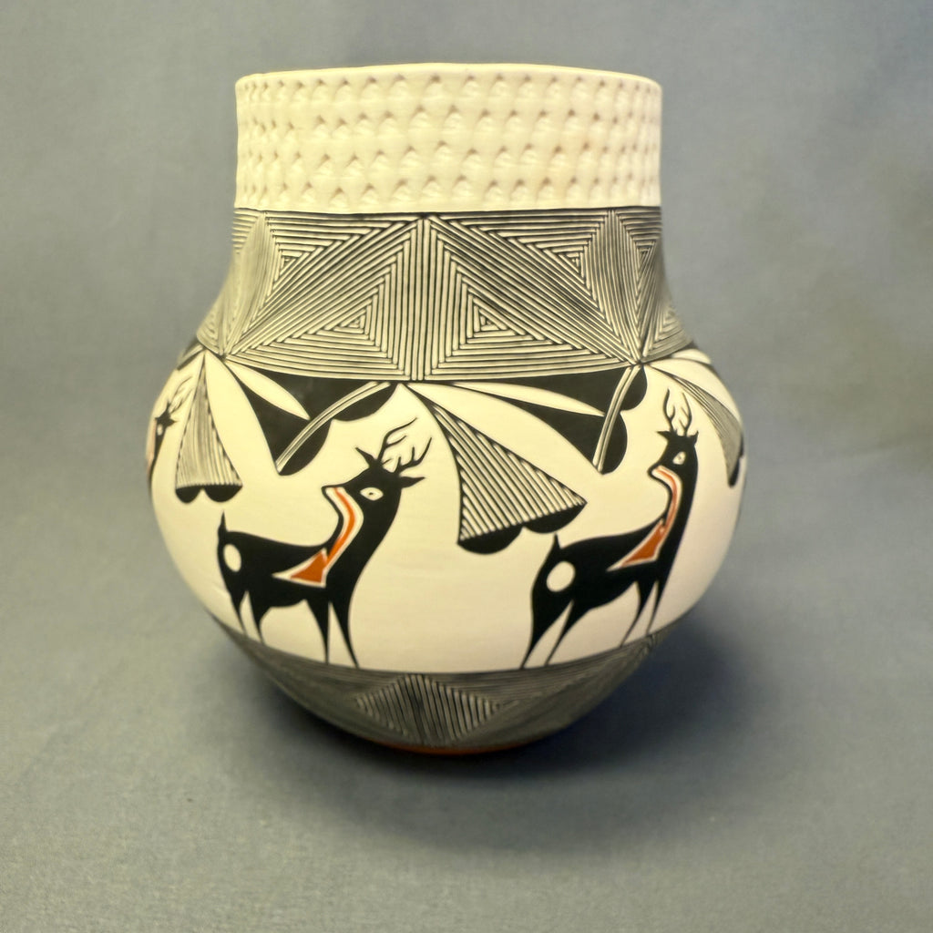 Louise Amos, Acoma pot with corrugated top and painted deer design, Louise Amos pot ca. 1990s (GM)