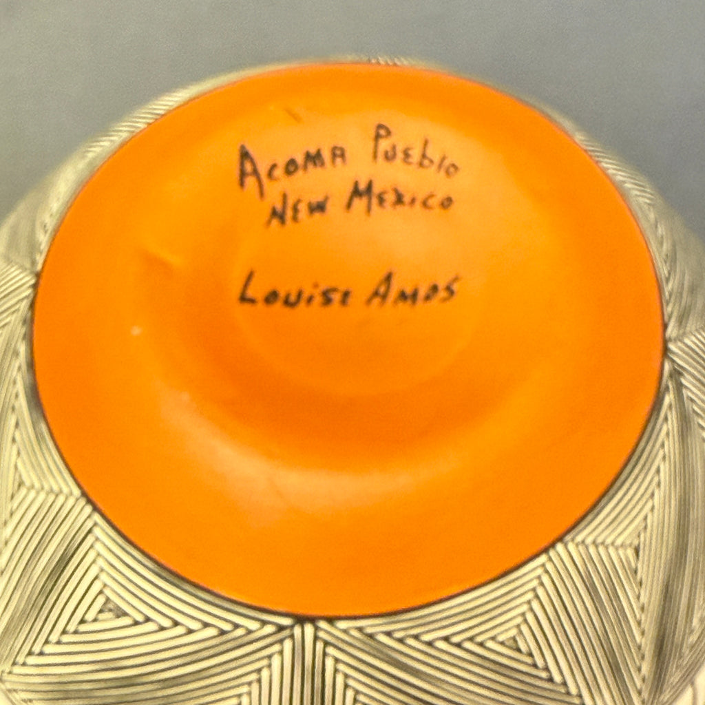 Louise Amos, Acoma pot with corrugated top and painted deer design, Louise Amos pot ca. 1990s (GM)