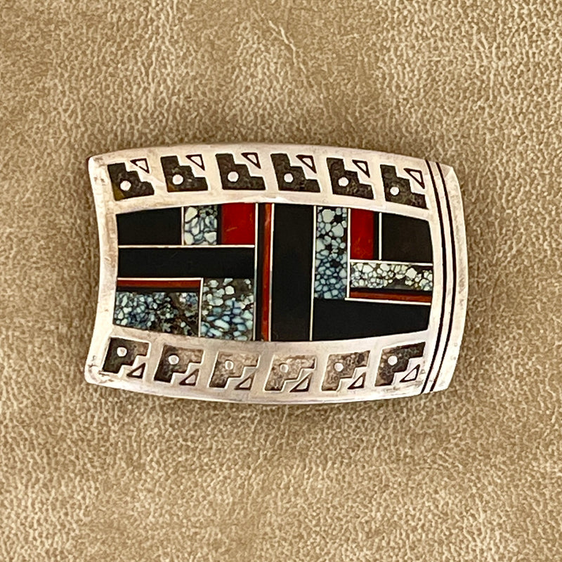 Ray Tracey, Navajo buckle with black jet, red coral and new landers Turquoise (PZ16)