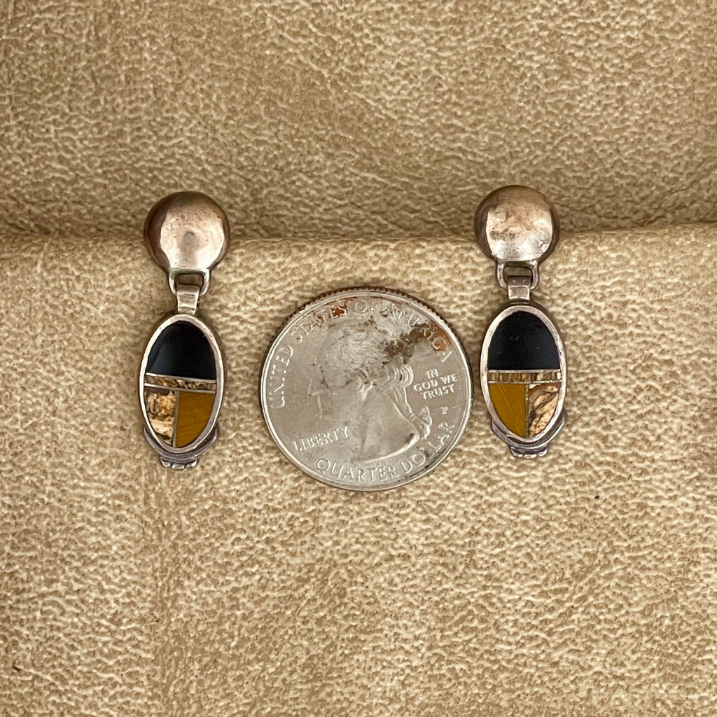 Supersmith inlay post earrings with black jet, picture jasper and tiger eye (PZ23)