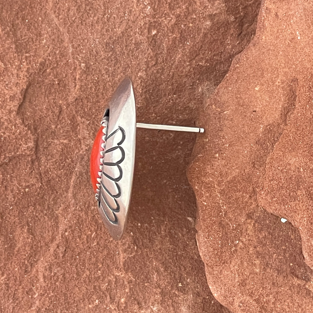 Stamped oval silver post earrings w shadowbox inlay coral - Tommy Jackson, Navajo (SS78)