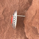 Stamped oval silver post earrings w shadowbox inlay coral - Tommy Jackson, Navajo (SS78)