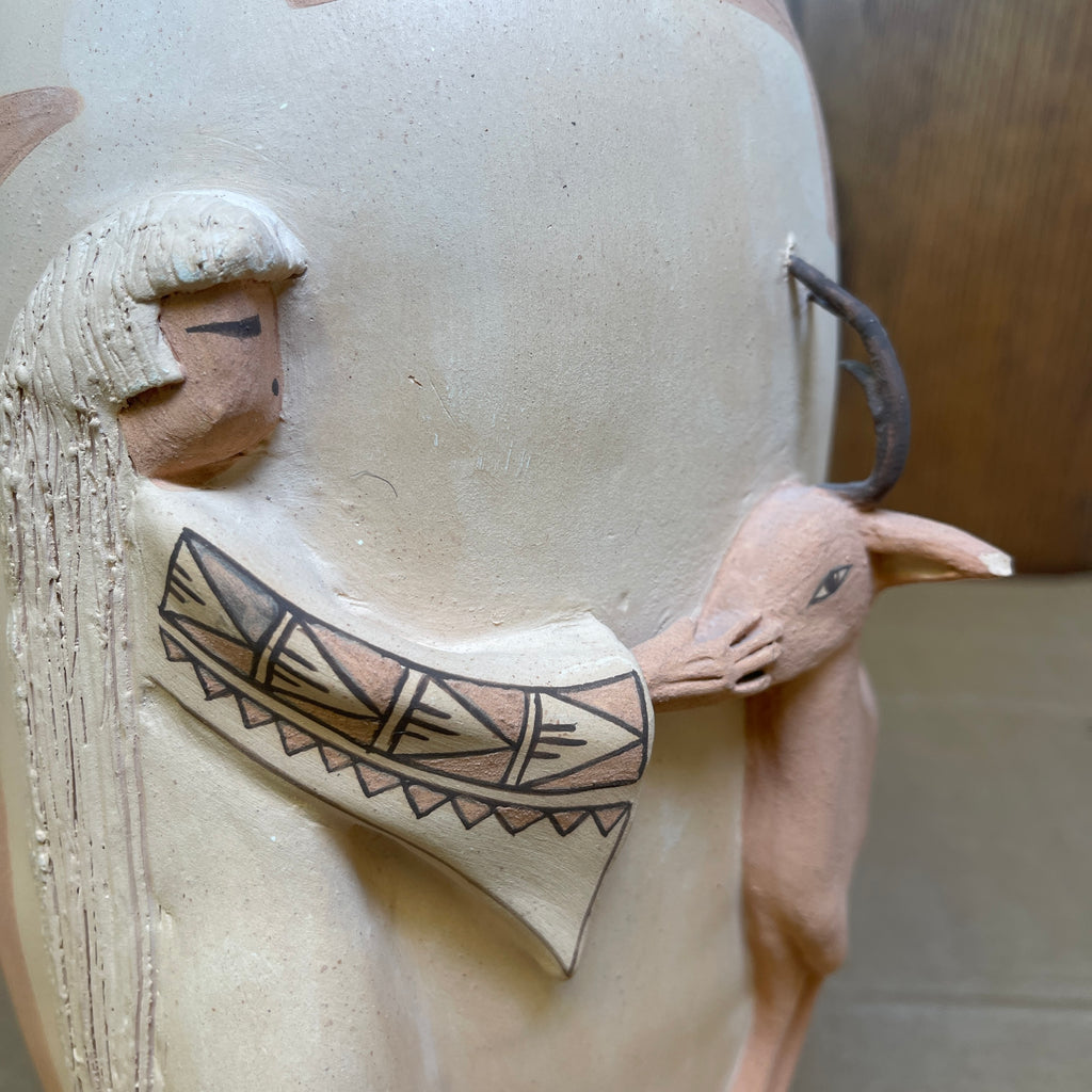 Native American Sculptural Pot "Mother Earth with Deer" by Angelina Medina, Acoma Pueblo-Zia, 1988  (NLC3)