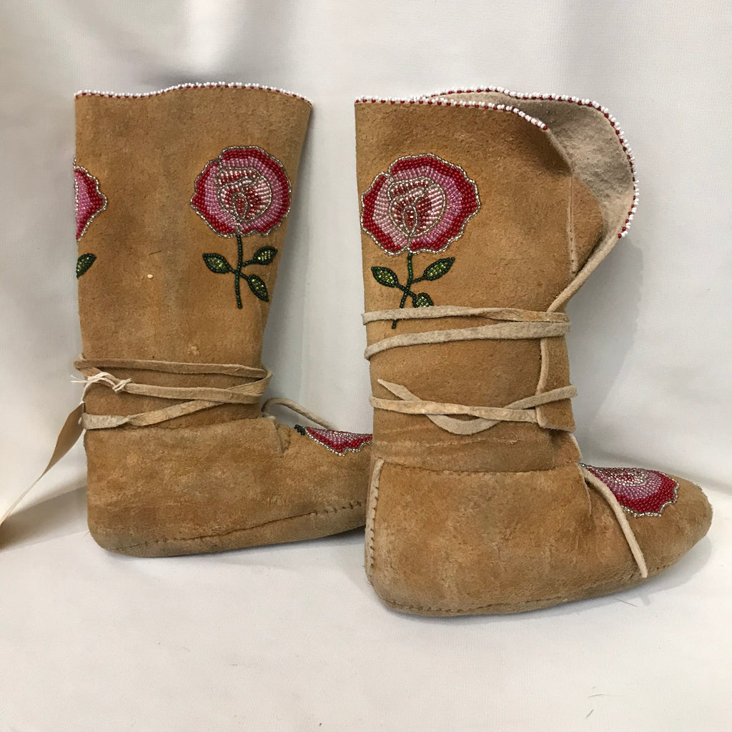 Antique Native American Cree Nation Child's Beaded Moccasins - Brain Tanned Moose- 1920s (GM96)