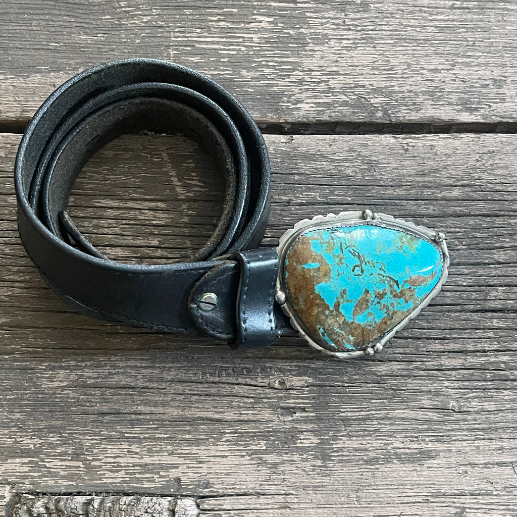 Vintage Navajo Extra Large Turquoise Belt Buckle on Black Leather Belt  (TD2)