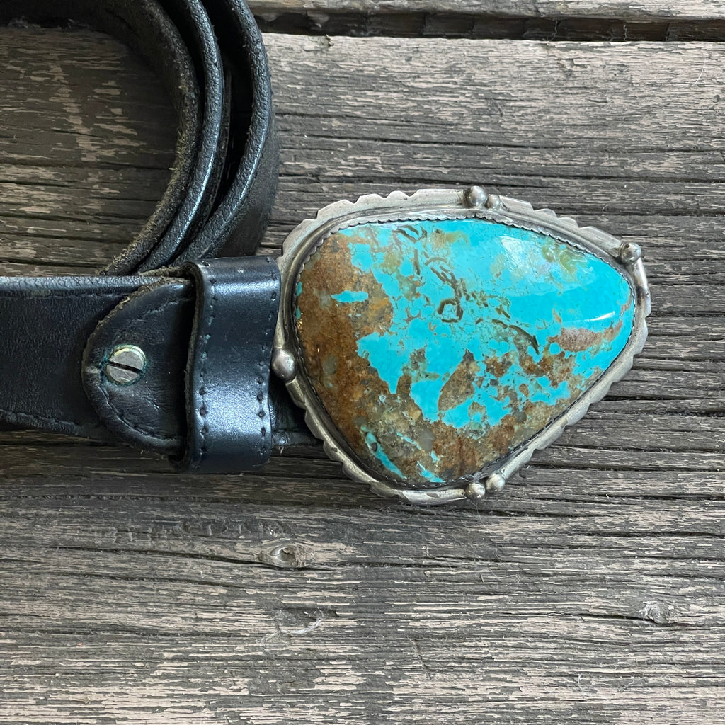 Vintage Navajo Extra Large Turquoise Belt Buckle on Black Leather Belt  (TD2)