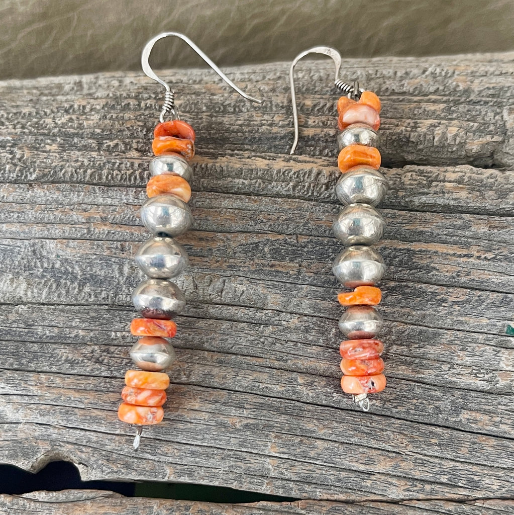 Beaded Earrings with Spiny Oyster Shell and Silver Beads, Navajo, Genuine Handmade Native American Jewelry   2/75