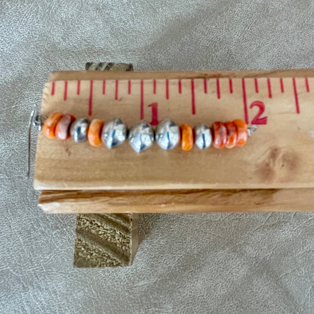 Beaded Earrings with Spiny Oyster Shell and Silver Beads, Navajo, Genuine Handmade Native American Jewelry   2/75