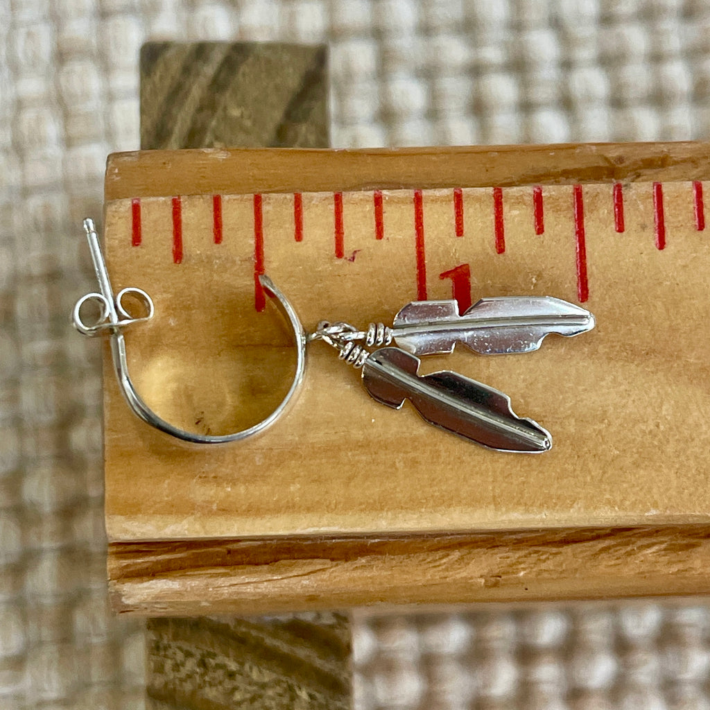 Sterling Silver Navajo Hoop Earrings with Silver Feather Dangle   3/60