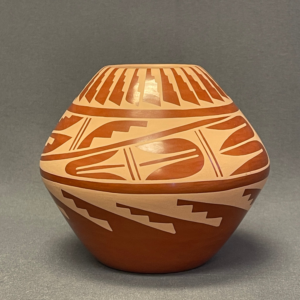 Mary H. Loretto, Jemez Pueblo  Authentic Jemez Handmade Eagle Feather Painted Pot (JM23)