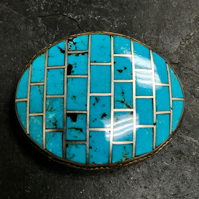 Silver and Turquoise Genuine Zuni Belt Buckle with Inlay Brick Pattern Design, vintage   (AS264)
