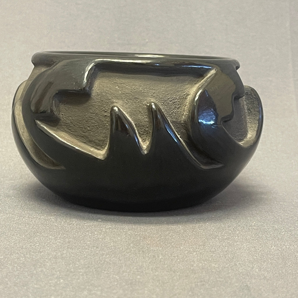 Frances Salazar Vintage Santa Clara Pueblo, Handmade Black ware Pot with Carved Design (JM8)