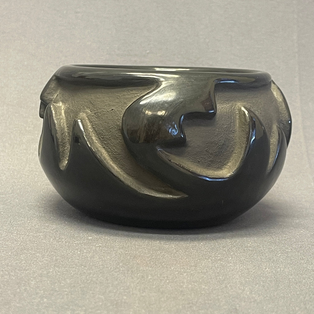 Frances Salazar Vintage Santa Clara Pueblo, Handmade Black ware Pot with Carved Design (JM8)