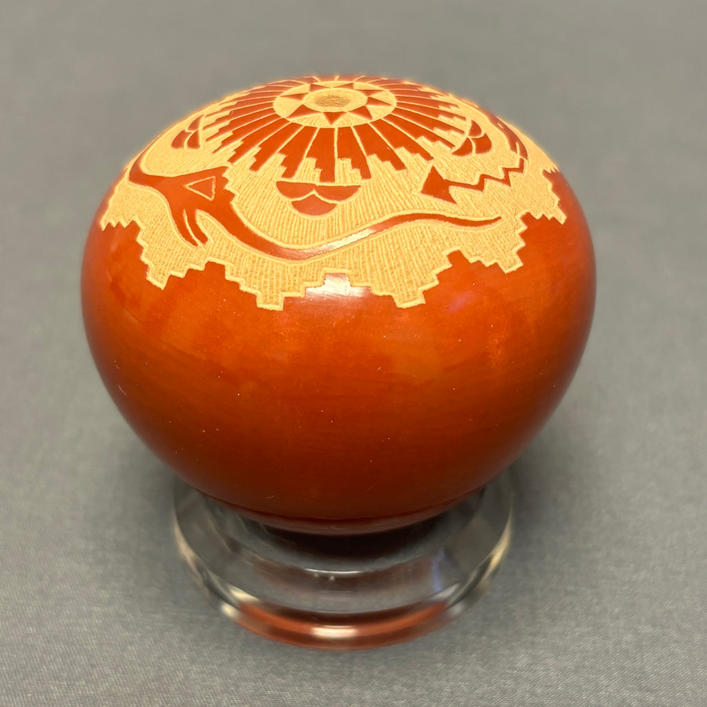 Debra Duwyenie, Santa Clara Pueblo Polished Seed Pot with Etched Avanyu Design (JM63)