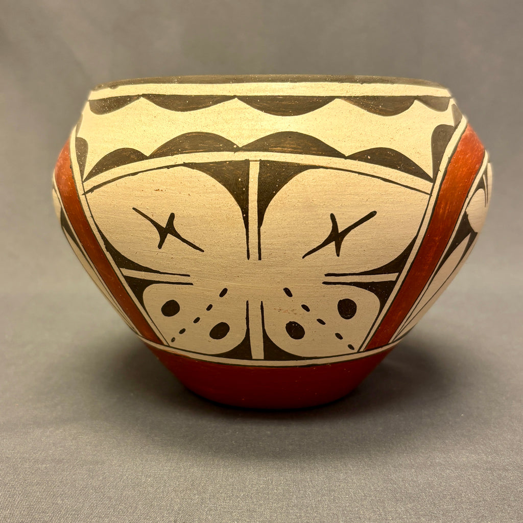 Ruby Panana, Zia Pueblo Vintage Wide Mouth Painted Clay Pot with Roadrunner Design (JM65)