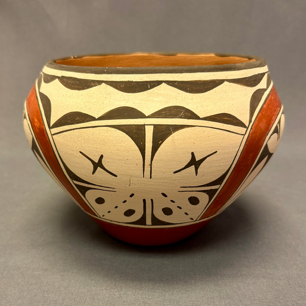 Ruby Panana, Zia Pueblo Vintage Wide Mouth Painted Clay Pot with Roadrunner Design (JM65)