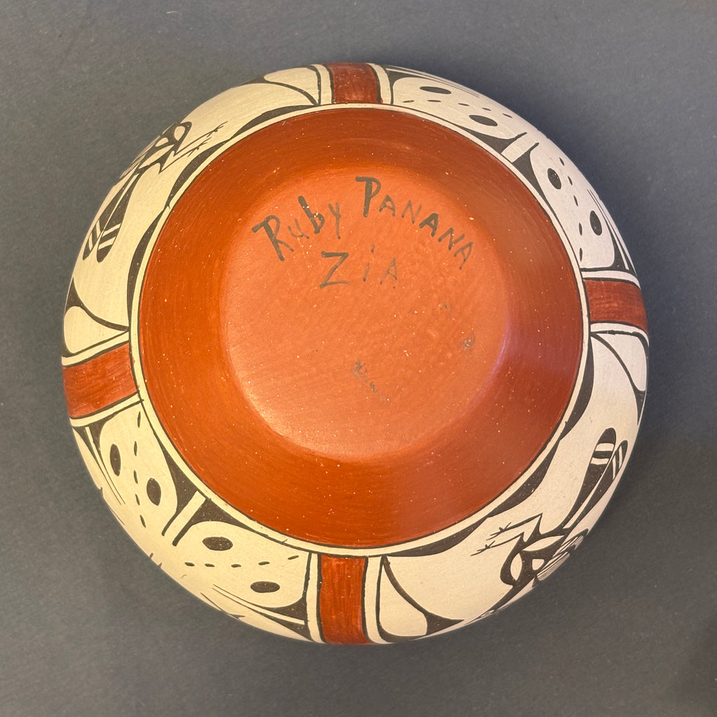 Ruby Panana, Zia Pueblo Vintage Wide Mouth Painted Clay Pot with Roadrunner Design (JM65)