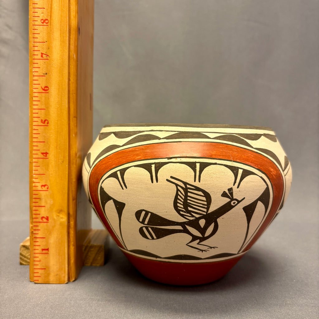 Ruby Panana, Zia Pueblo Vintage Wide Mouth Painted Clay Pot with Roadrunner Design (JM65)