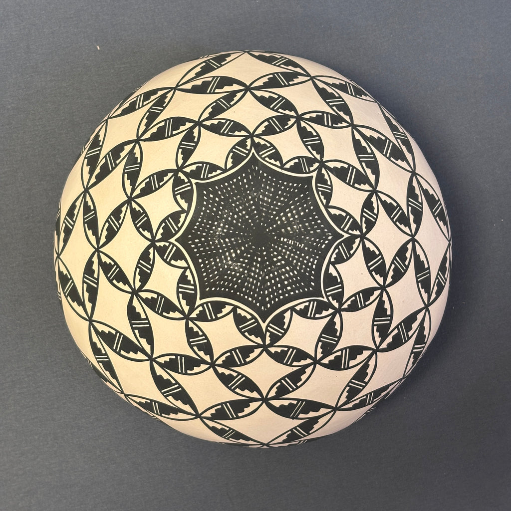 Marie Chino Vintage Acoma Pueblo Wide Seed Pot with Connecting Oval Design   (JM74)
