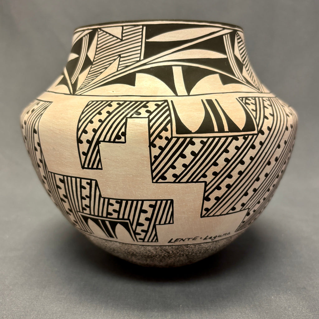 Marquis Dann-Lente, Laguna Pueblo Vintage Handmade Painted Clay Pot with Parrot and Spiral design  (JM92)